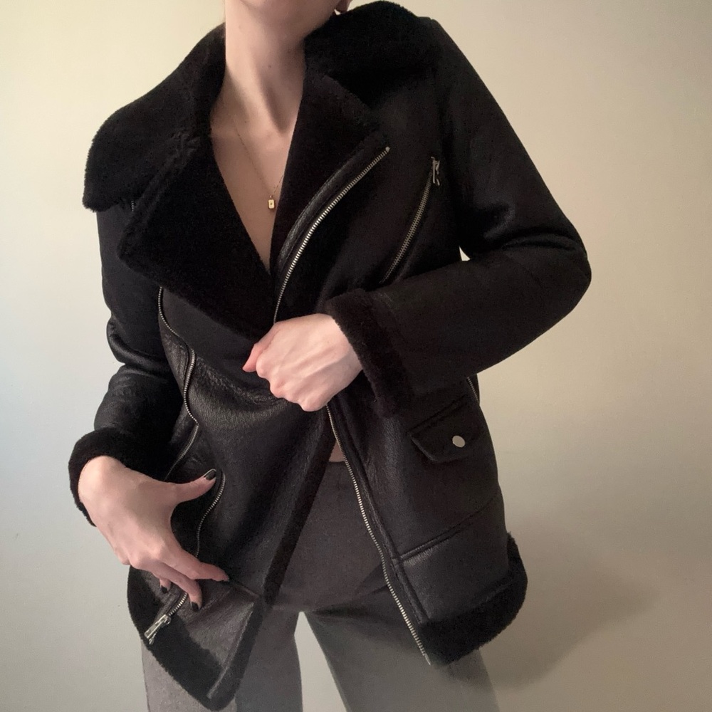 Vmemmy Vero Moda Black Vegan Leather Sherpa Sherling Jacket - Picture 2 of 9
